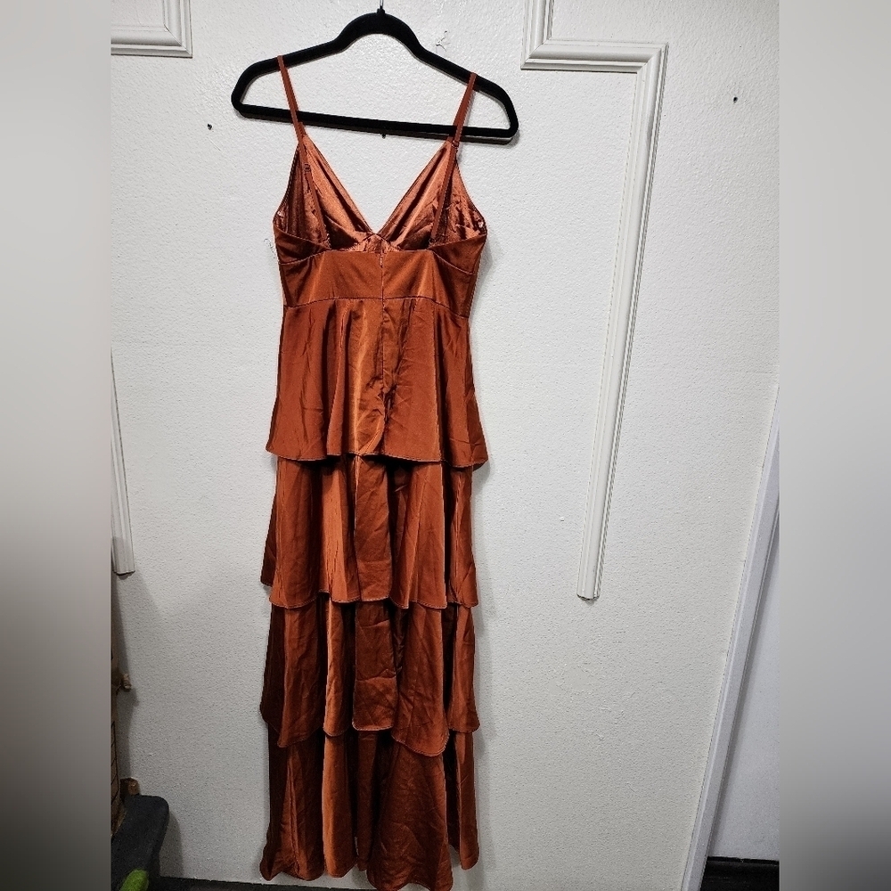 Lulus Going with Elegance Rust Brown Satin Tiered Gown Wedding Party Formal - Picture 9 of 9